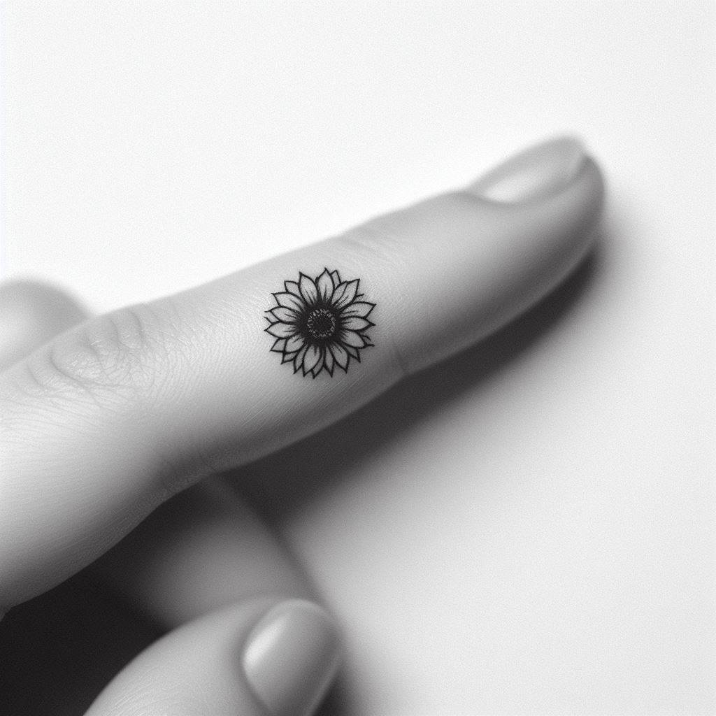 A tiny, minimalist sunflower tattoo etched onto the side of a finger. This design focuses on simplicity, capturing the essence of a sunflower with a few concise strokes to outline the petals and the center. Ideal for those who prefer discreet tattoos, this sunflower should symbolize joy and positivity in a small, but powerful form.