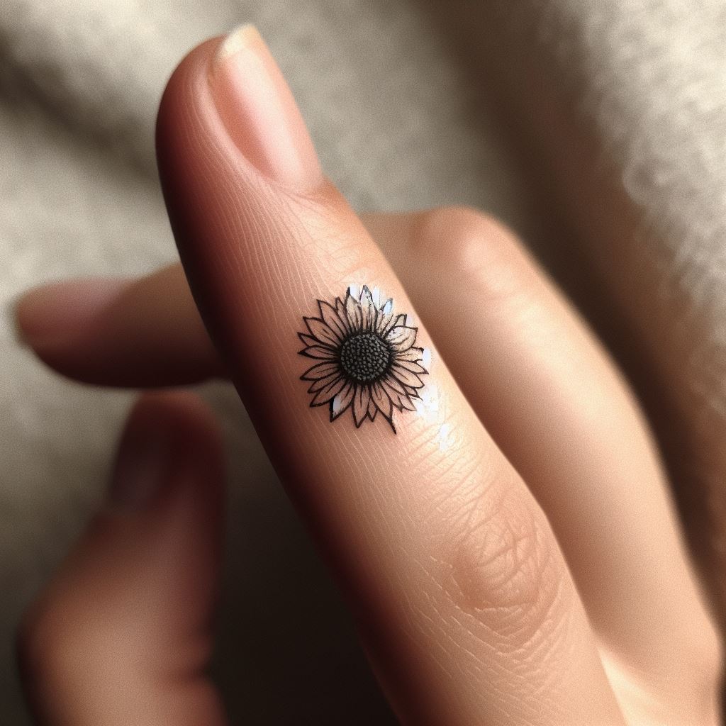 A tiny, minimalist sunflower tattoo etched onto the side of a finger. This design focuses on simplicity, capturing the essence of a sunflower with a few concise strokes to outline the petals and the center. Ideal for those who prefer discreet tattoos, this sunflower should symbolize joy and positivity in a small, but powerful form.