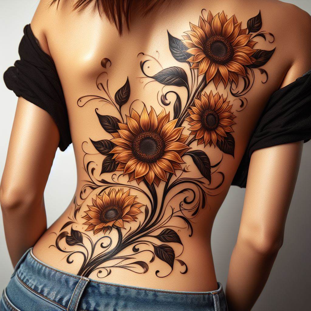A captivating sunflower tattoo sprawling across the lower back, with the blooms tilting towards the natural curves of the body. Incorporate multiple sunflowers in varying sizes, connected by a flowing stem and interspersed with leaves. This design should evoke a sense of freedom and connection to nature, beautifully accentuating the lower back.