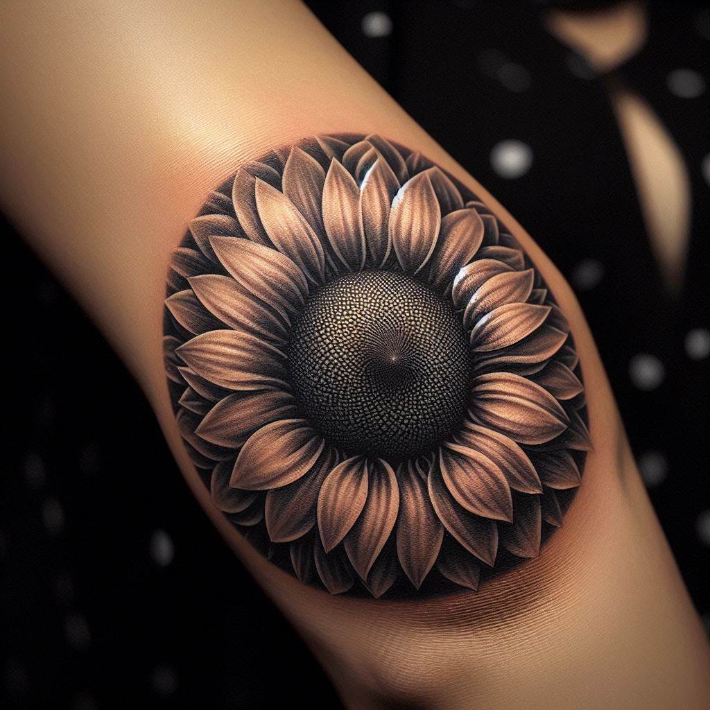 A unique sunflower tattoo that utilizes the elbow's round shape, with the center of the sunflower placed directly over the elbow and the petals radiating outwards. The design requires skillful shading and texturing to adapt the sunflower's natural form to the complex surface, creating an eye-catching tattoo that moves and morphs with the elbow's movements.