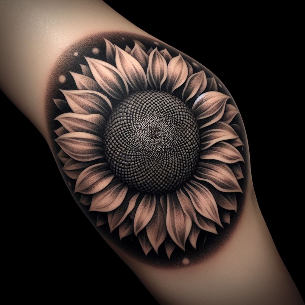 A unique sunflower tattoo that utilizes the elbow's round shape, with the center of the sunflower placed directly over the elbow and the petals radiating outwards. The design requires skillful shading and texturing to adapt the sunflower's natural form to the complex surface, creating an eye-catching tattoo that moves and morphs with the elbow's movements.