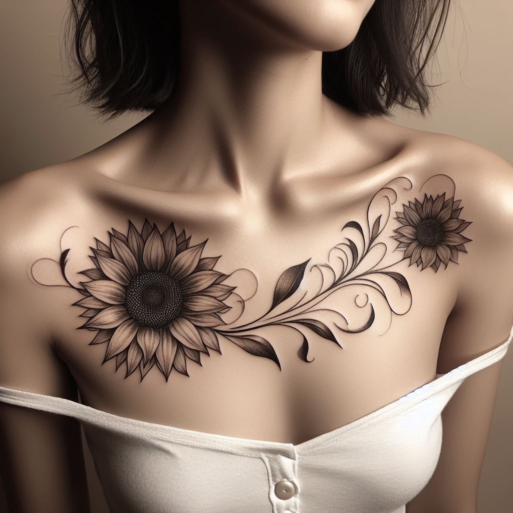 An exquisite sunflower tattoo that traces the line of the collarbone, with the bloom positioned off-center for an asymmetrical look. The petals should drape softly over the collarbone, creating a natural and flattering silhouette. This design might include a few wisps of leaves and tendrils that follow the collarbone's curve, enhancing the feminine and delicate nature of the tattoo.