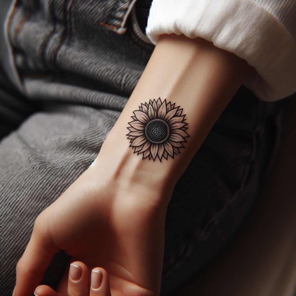A small and personal sunflower tattoo located on the inner wrist, serving as a discreet reminder of warmth and positivity. The design should be compact yet detailed, with clear lines defining the sunflower's shape and a dotwork technique used for the center to add texture. This tattoo is perfect for those seeking a subtle yet meaningful piece.
