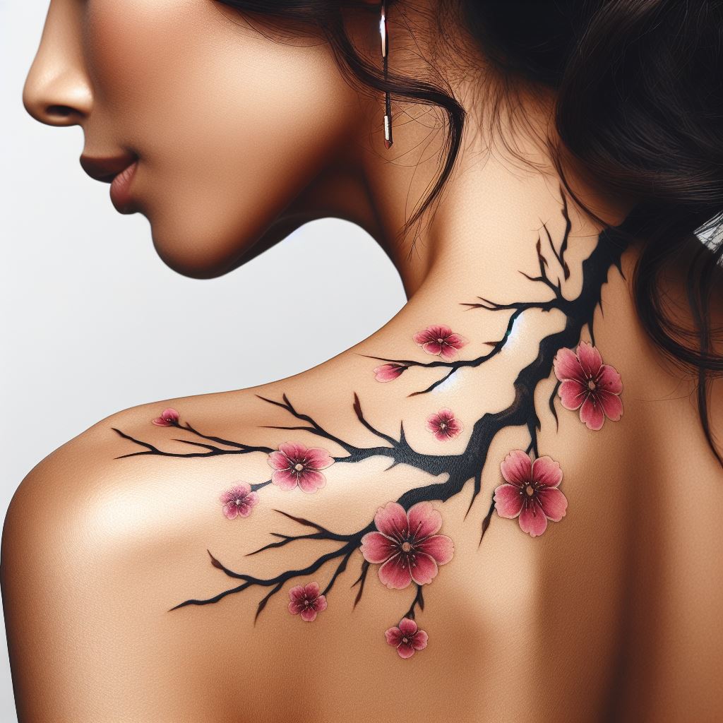 A cherry blossom (sakura) branch tattoo gracefully arching across a woman's collarbone, with pink blossoms and dark branches, symbolizing the transient nature of life and beauty.