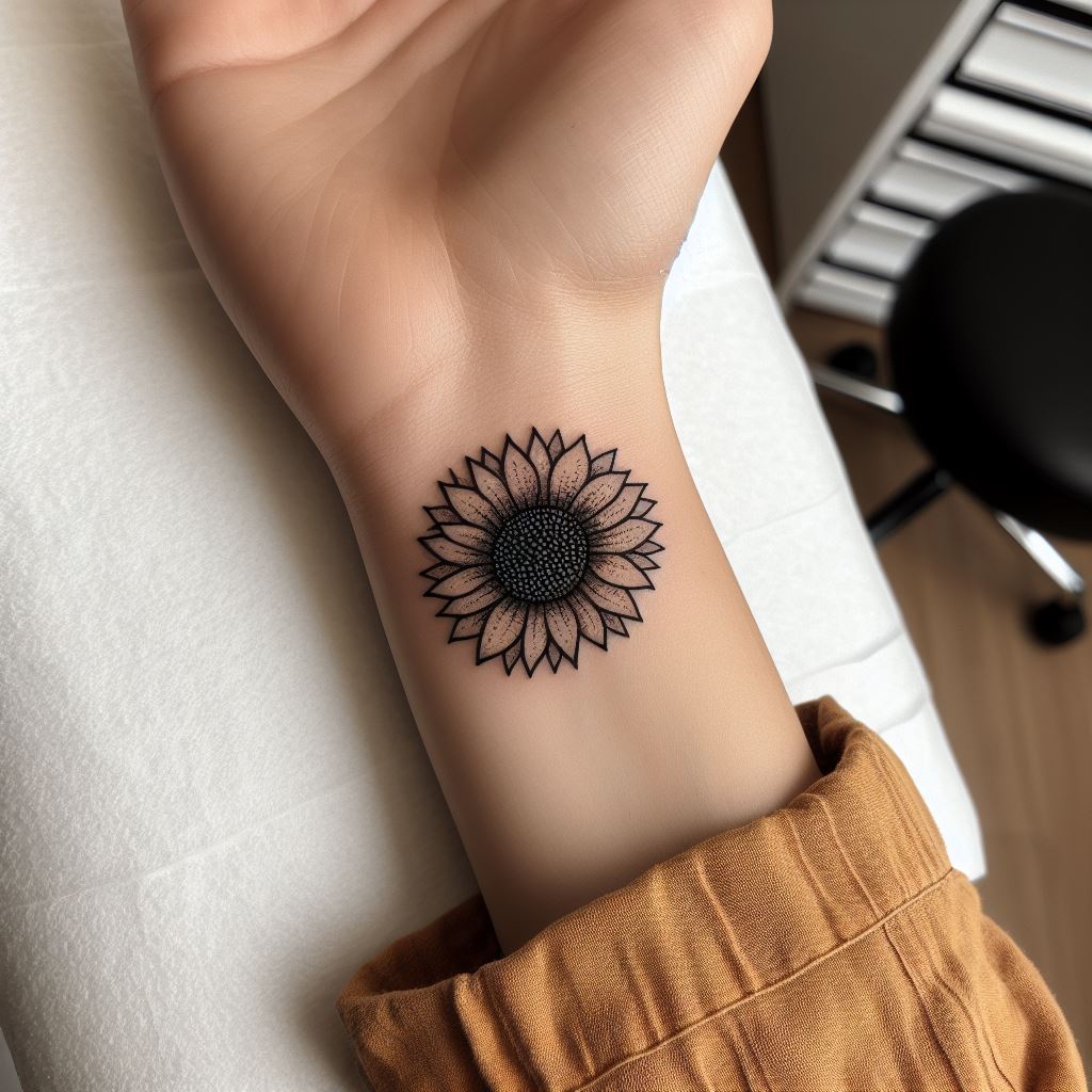 A small and personal sunflower tattoo located on the inner wrist, serving as a discreet reminder of warmth and positivity. The design should be compact yet detailed, with clear lines defining the sunflower's shape and a dotwork technique used for the center to add texture. This tattoo is perfect for those seeking a subtle yet meaningful piece.