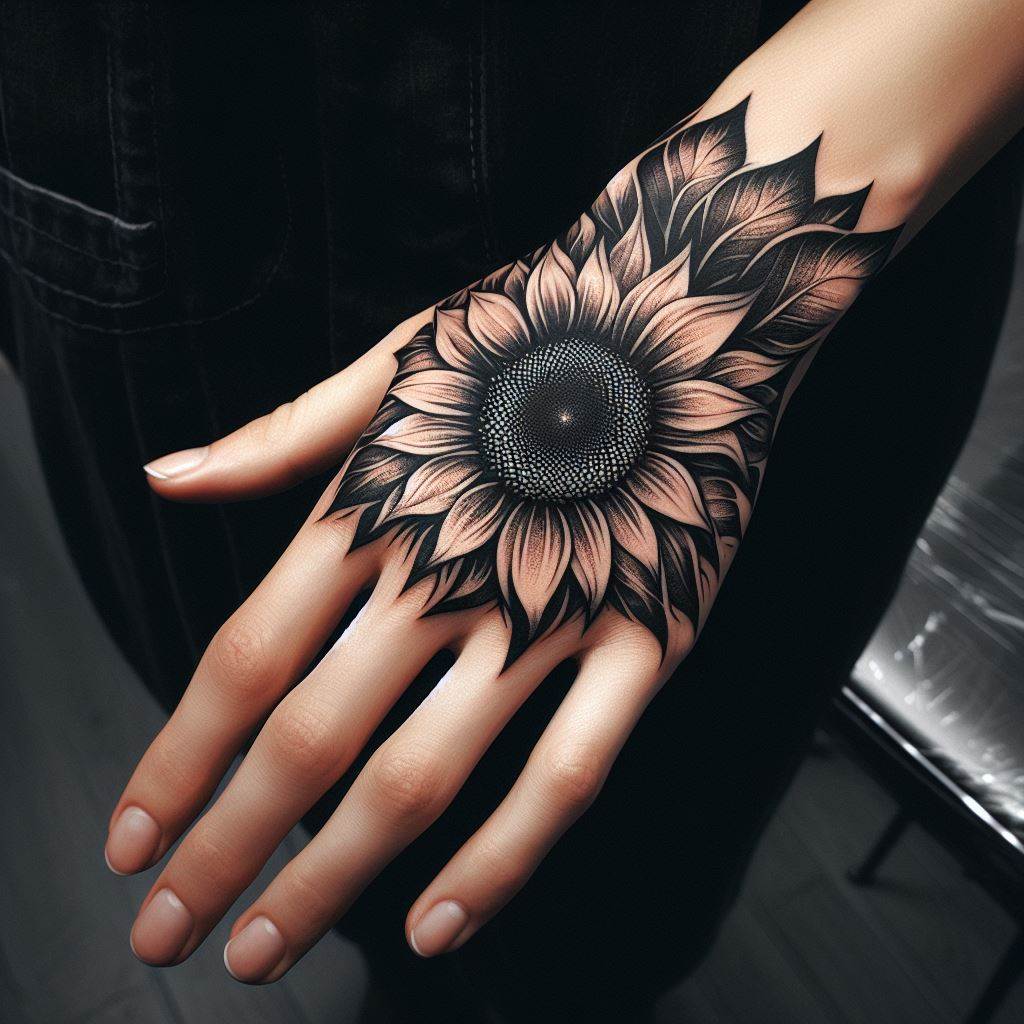A striking sunflower tattoo that adorns the side of the hand, extending from the base of the thumb towards the wrist. The design should be bold yet elegant, with the sunflower's detailed petals opening towards the fingers. This tattoo makes a statement of openness and creativity, perfectly placed to be visible in the gesture of a handshake or wave.
