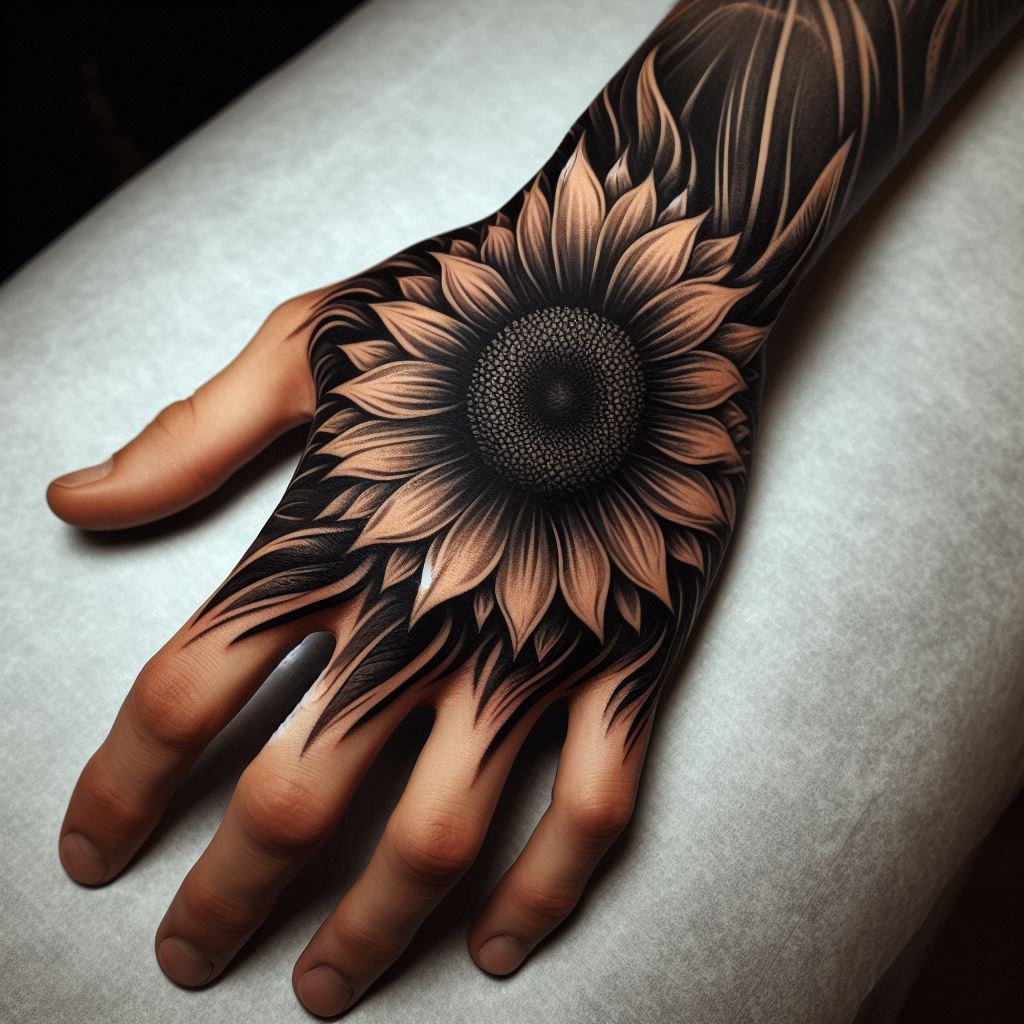 A striking sunflower tattoo that adorns the side of the hand, extending from the base of the thumb towards the wrist. The design should be bold yet elegant, with the sunflower's detailed petals opening towards the fingers. This tattoo makes a statement of openness and creativity, perfectly placed to be visible in the gesture of a handshake or wave.