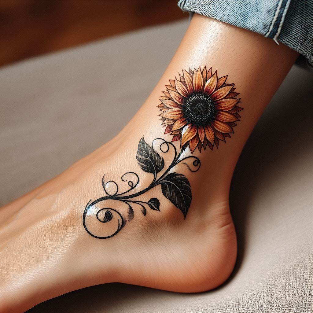 A charming sunflower tattoo that gracefully sits just behind the ankle bone, appearing as if the flower is growing upwards along the leg. The design should be simple yet striking, with a single sunflower bloom showcased in vibrant detail, its stem curving elegantly to follow the natural line of the ankle into the lower leg. A few leaves can be added to give the impression of a sunflower in its natural setting, offering a blend of nature and artistry.