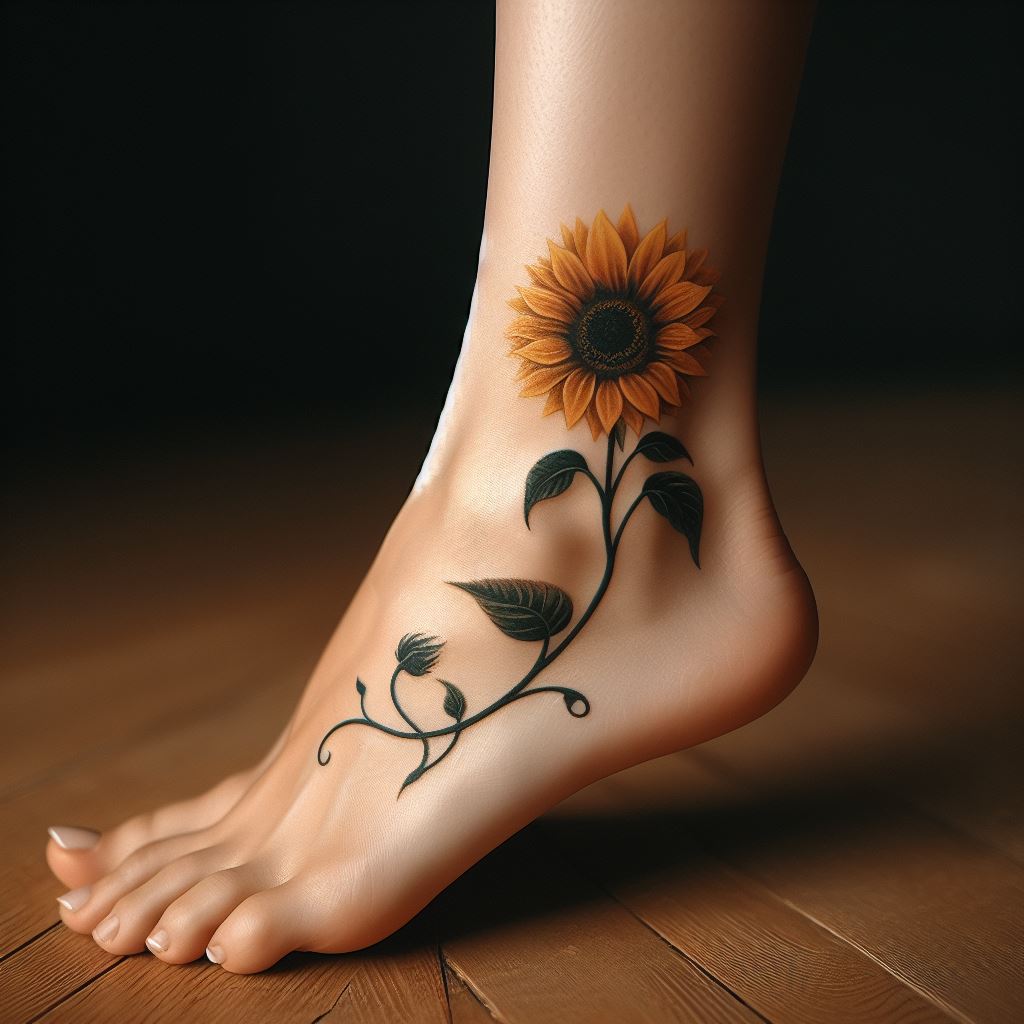 A charming sunflower tattoo that gracefully sits just behind the ankle bone, appearing as if the flower is growing upwards along the leg. The design should be simple yet striking, with a single sunflower bloom showcased in vibrant detail, its stem curving elegantly to follow the natural line of the ankle into the lower leg. A few leaves can be added to give the impression of a sunflower in its natural setting, offering a blend of nature and artistry.