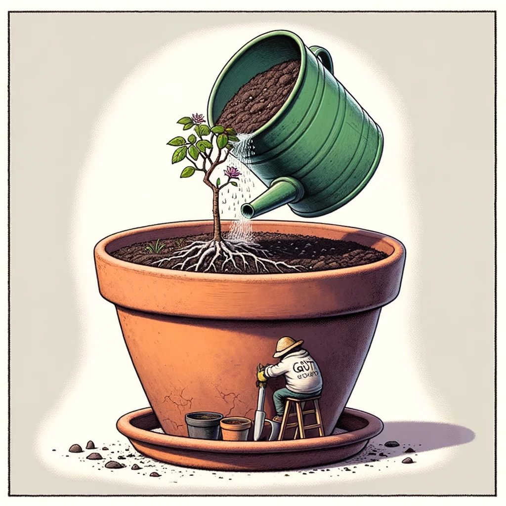 A humorous image of someone planting a tiny tree in an oversized flowerpot, with the caption "When you're an optimist about your gardening skills."