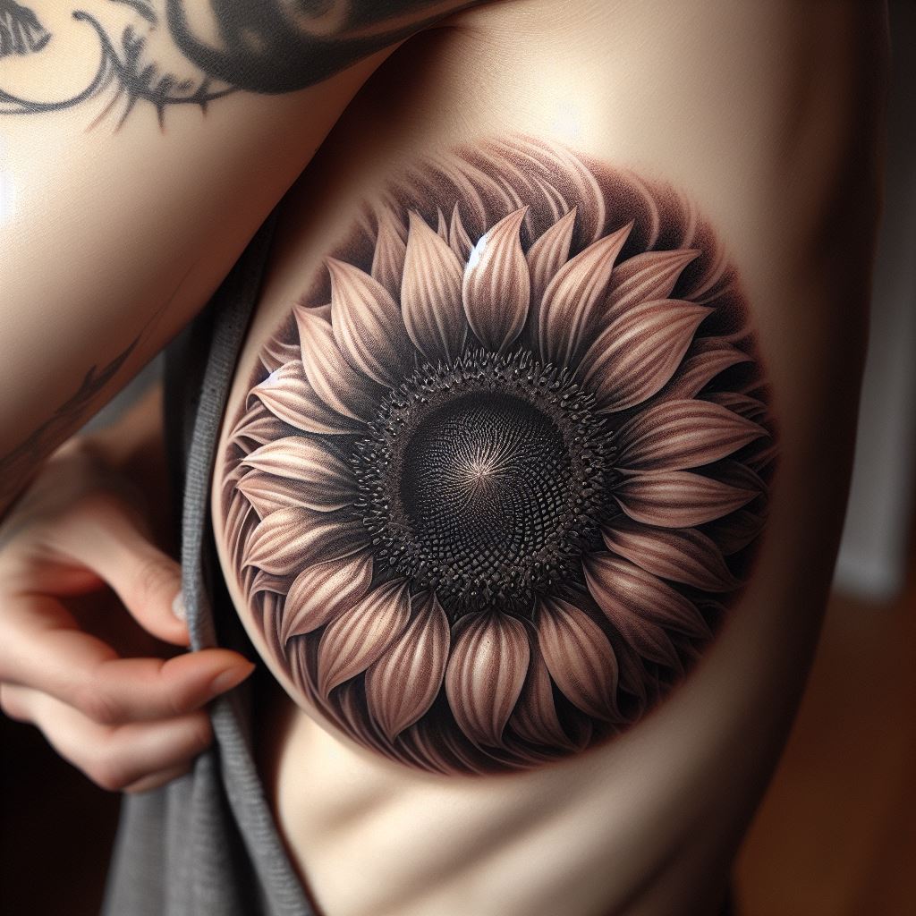 An intimate sunflower tattoo located on the inner bicep, where the muscle's curvature enhances the flower's dimensionality. This design focuses on a close-up view of a sunflower, with detailed shading and texture work to bring out the depth of the petals and the richness of the center. The placement on the inner bicep makes it a personal piece, visible only when chosen, symbolizing inner strength and brightness.