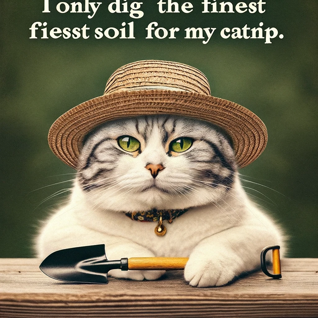 An image of a cat wearing a gardener's hat, holding a tiny shovel, with the caption "I only dig the finest soil for my catnip."