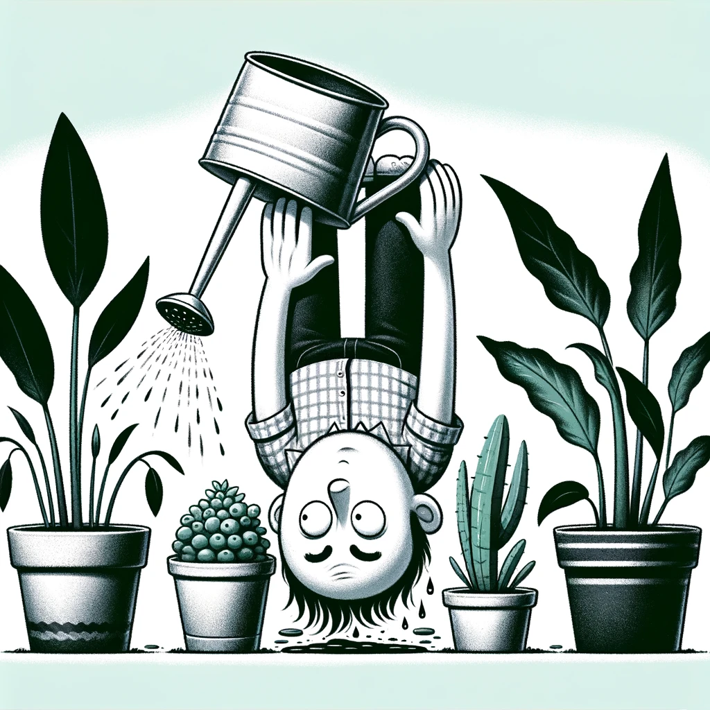 A comical image of a person looking confused while holding a watering can upside down, with plants around them looking equally puzzled, captioned "When you're not a morning person but your plants are."
