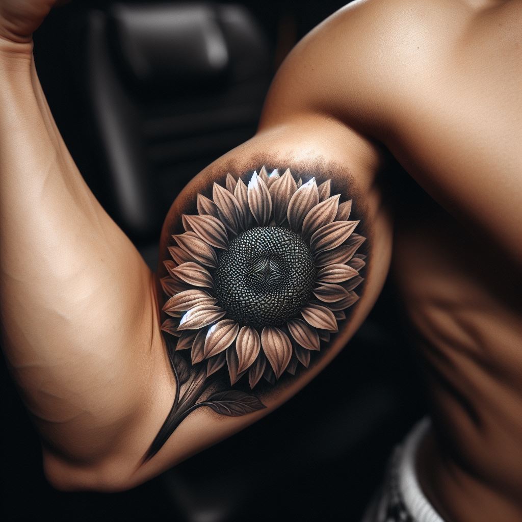An intimate sunflower tattoo located on the inner bicep, where the muscle's curvature enhances the flower's dimensionality. This design focuses on a close-up view of a sunflower, with detailed shading and texture work to bring out the depth of the petals and the richness of the center. The placement on the inner bicep makes it a personal piece, visible only when chosen, symbolizing inner strength and brightness.