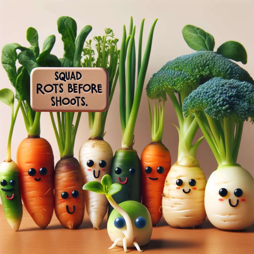 A playful image of a group of vegetables taking a selfie, with a young sprout in the front, and the caption "Squad roots before shoots."