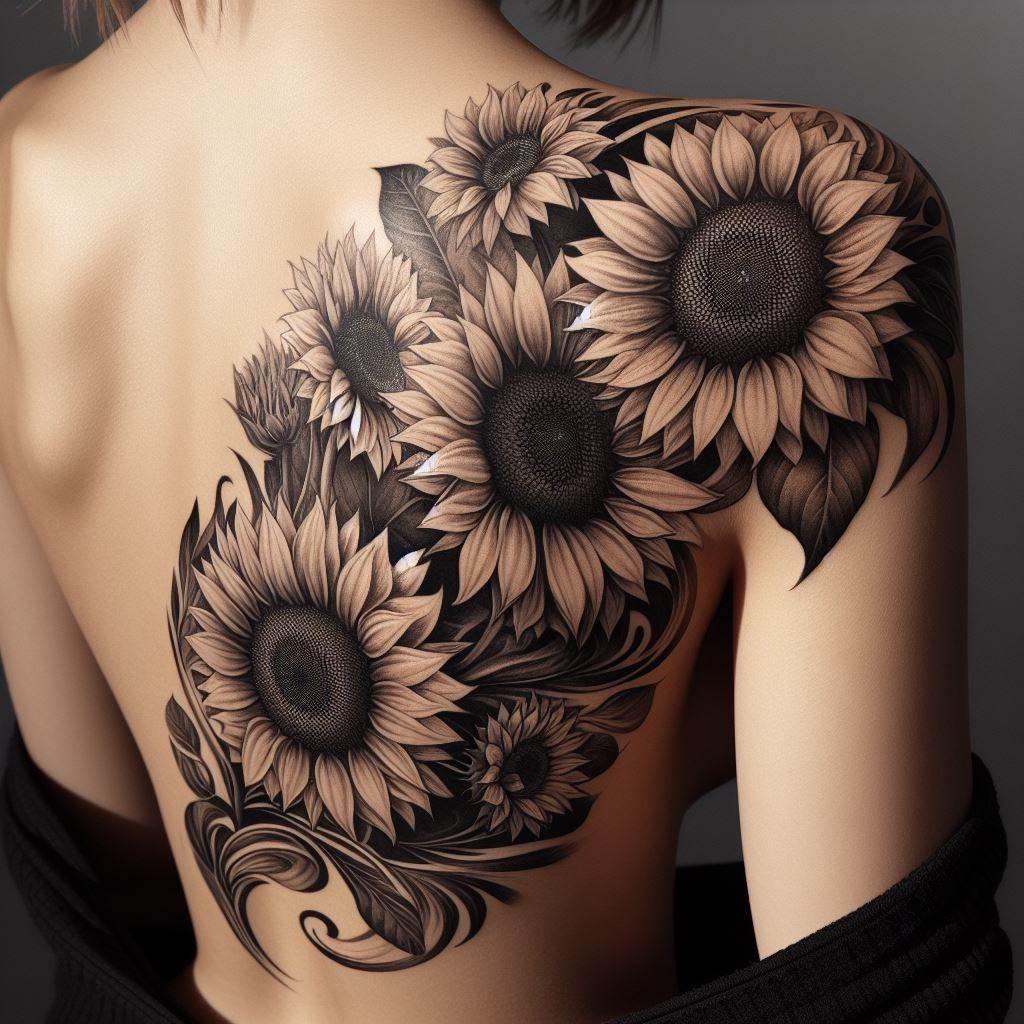 A sprawling sunflower tattoo that adorns the upper side torso, stretching from the rib cage up towards the shoulder blade. This design should feature a cluster of sunflowers at different angles, with each bloom detailed in such a way that it captures the light and shadow uniquely. The natural curve of the torso will add an organic flow to the composition, making it a stunning piece that embodies growth and vitality.