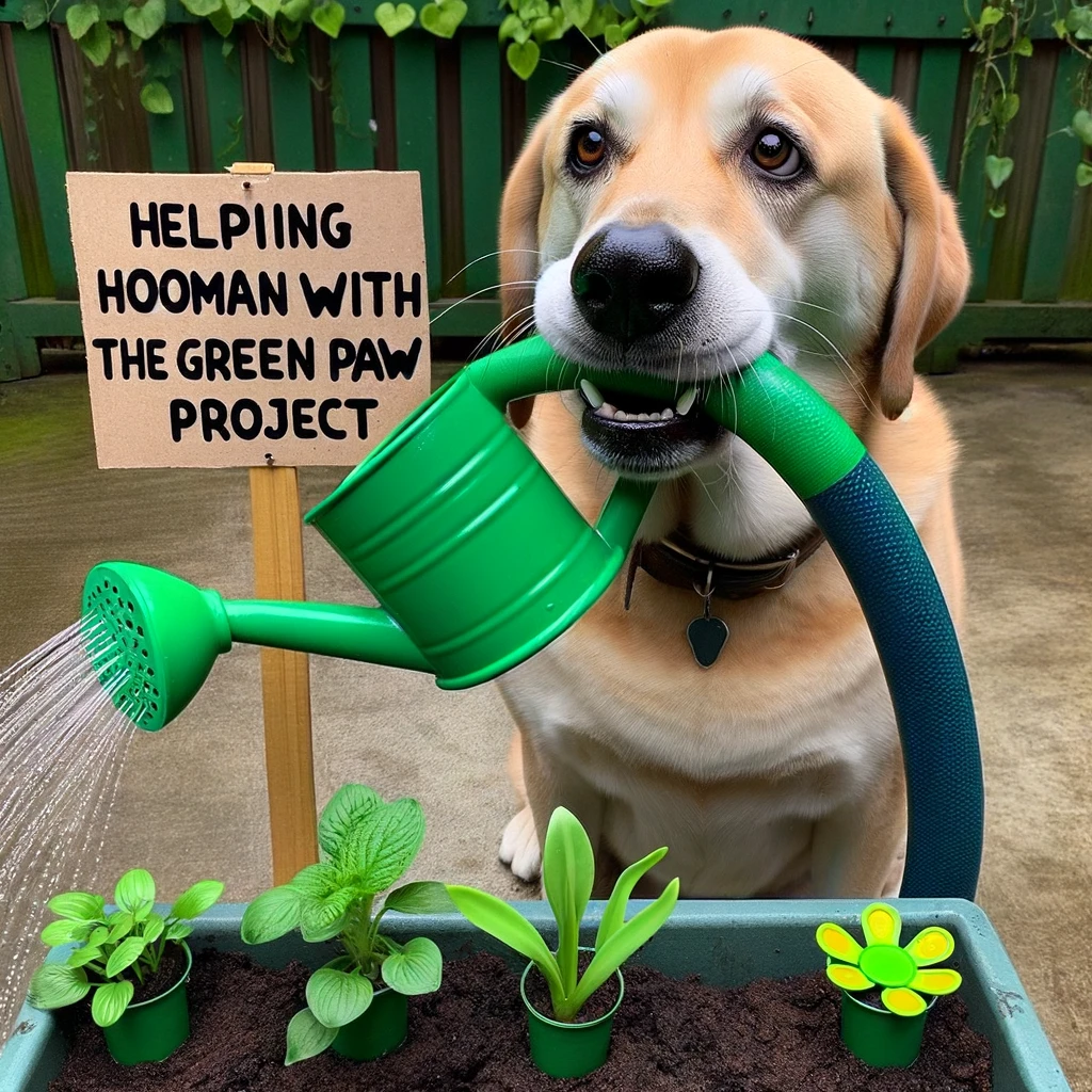 An amusing image of a dog with a watering hose in its mouth, watering plants, with the caption "Helping hooman with the green paw project."