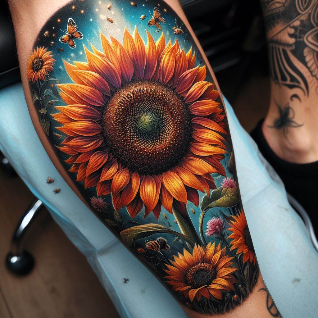 A vibrant sunflower tattoo that wraps around the calf, utilizing the ample space for a detailed and dynamic design. The sunflower should be in full bloom, with its petals spread wide and a textured center that draws the eye. Around the main flower, incorporate elements like smaller blooms, bees, or even a sky background to create a scene that's alive and buzzing with nature's energy.