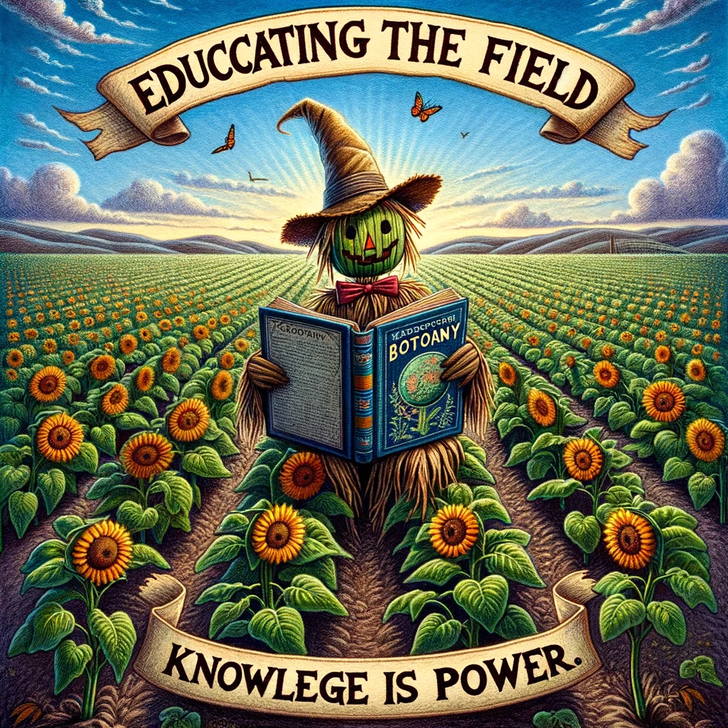 A whimsical image of a scarecrow reading a book on botany to a field of attentive crops, with the caption "Educating the field: Knowledge is power."