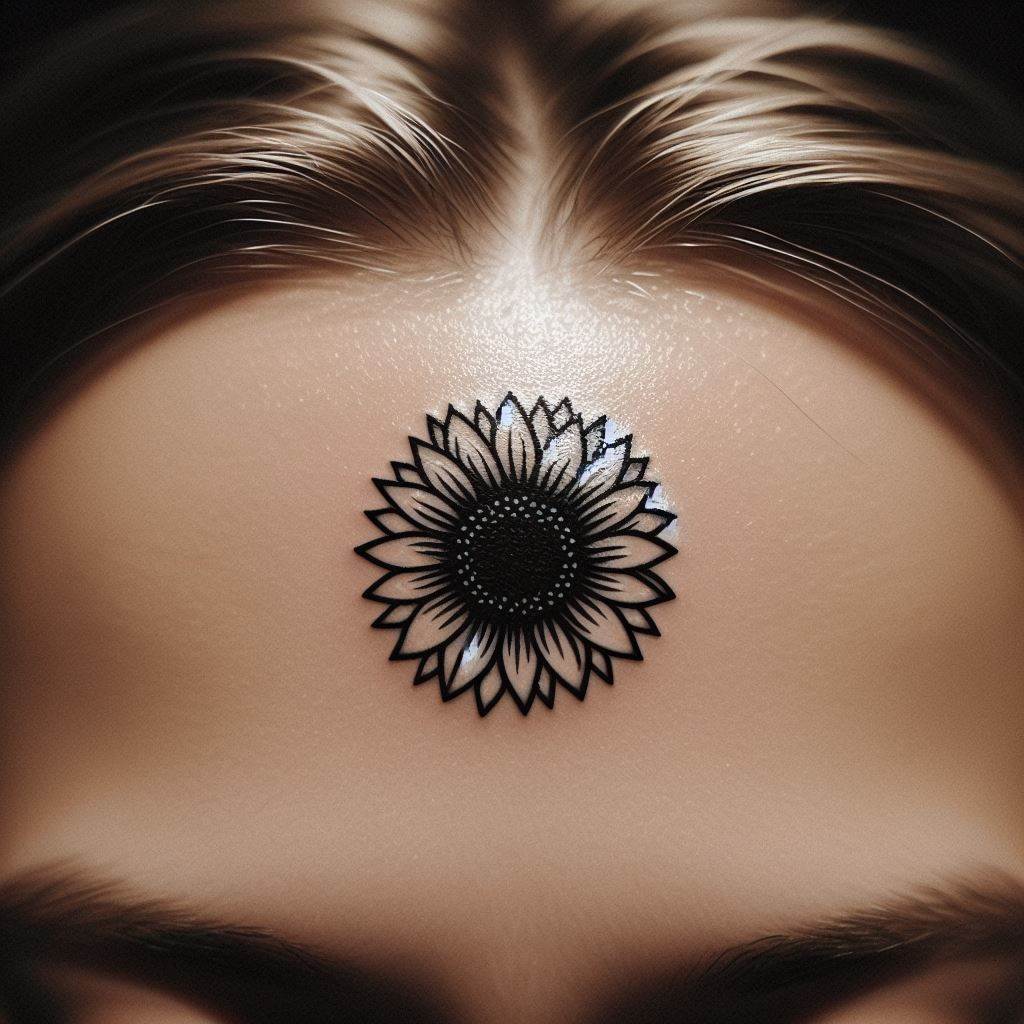 A small but bold sunflower tattoo placed right at the center of the forehead, symbolizing enlightenment and positivity. This design should be minimalistic, focusing on the silhouette of a sunflower with a few detailed lines to suggest the petals and center. It's a statement tattoo, meant for those who want to carry the symbolism of the sunflower in the most visible way possible.
