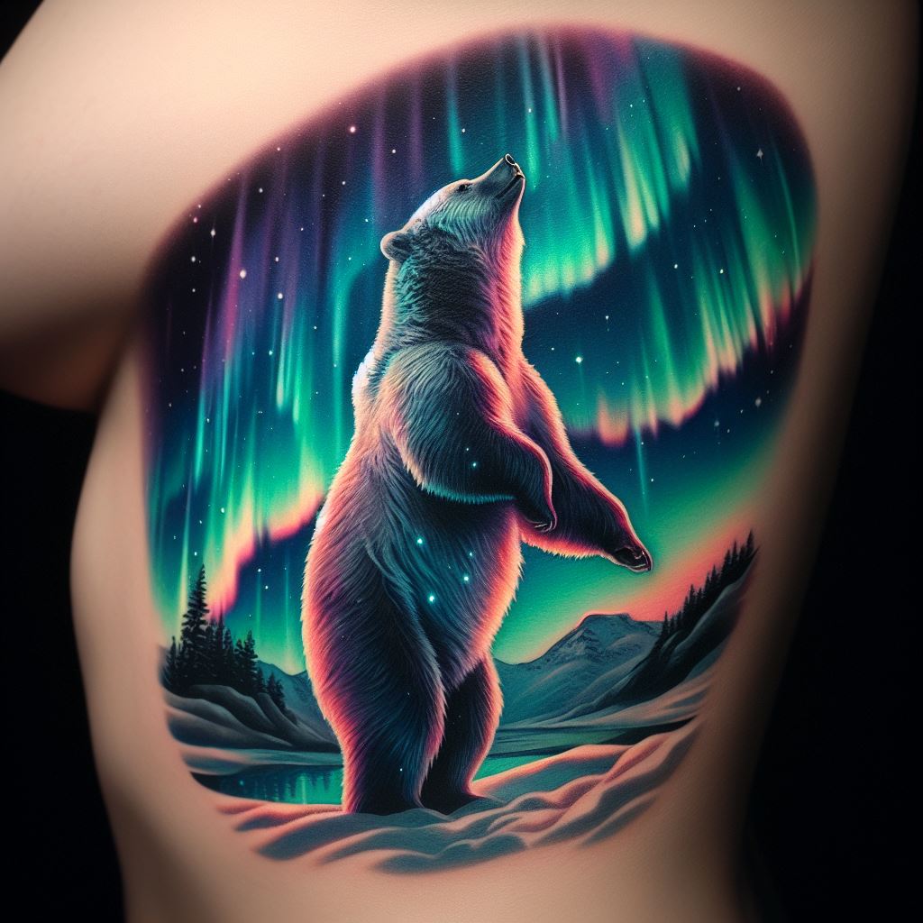 A tattoo of a bear standing on its hind legs, reaching up towards the sky, positioned along the rib cage. The bear is framed by a backdrop of the northern lights, with colors blending smoothly across the design. The tattoo captures the bear's strength and the awe-inspiring beauty of nature, with the curve of the ribs enhancing the bear's upward motion. Attention to detail in the bear's posture and the lights' ethereal quality makes this a breathtaking piece.