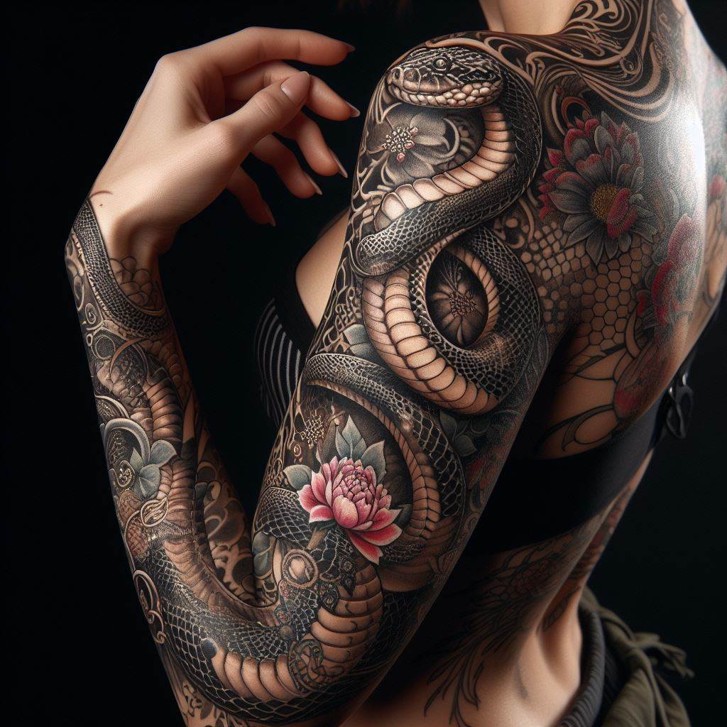 A snake tattoo that wraps around a woman's arm, detailed with scales and possibly incorporating elements like flowers or jewels, symbolizing transformation and healing.