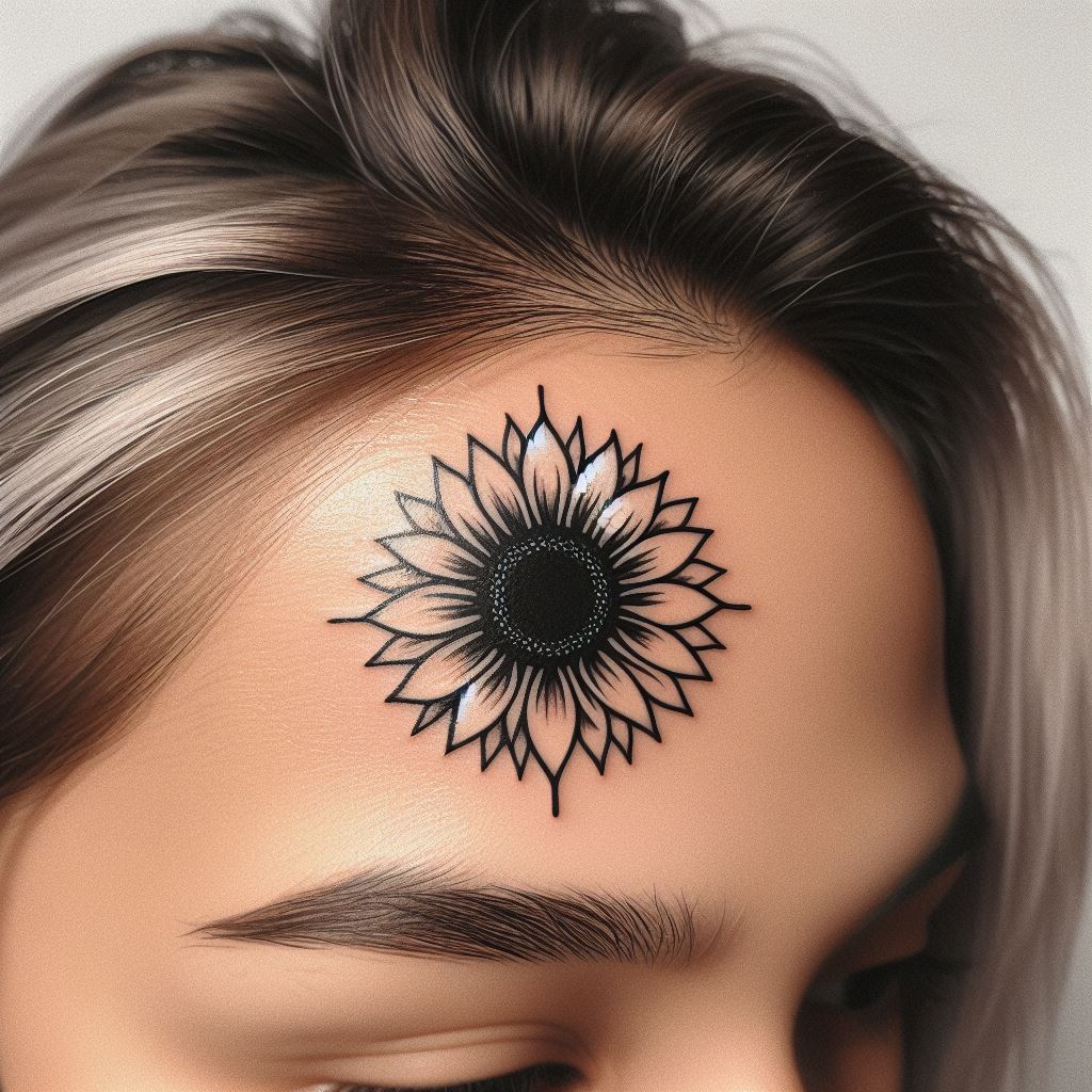 A small but bold sunflower tattoo placed right at the center of the forehead, symbolizing enlightenment and positivity. This design should be minimalistic, focusing on the silhouette of a sunflower with a few detailed lines to suggest the petals and center. It's a statement tattoo, meant for those who want to carry the symbolism of the sunflower in the most visible way possible.