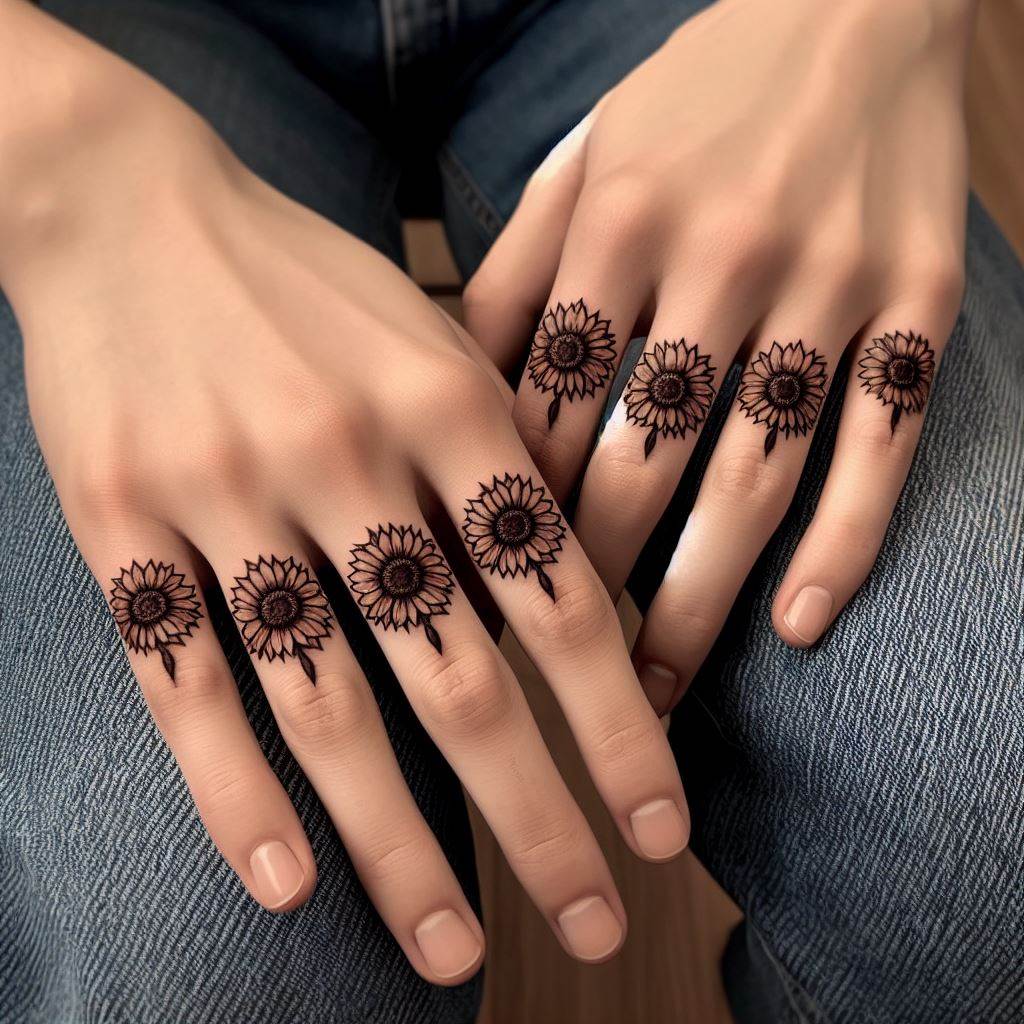 A series of small sunflower tattoos, each fitting on a knuckle, together forming a line of sunflowers across both hands. Each sunflower should be designed with a level of detail that makes it recognizable at a glance, with the petals and centers neatly fitting the small canvas of a knuckle. This tattoo set symbolizes resilience and brightness, spreading a message of positivity with every gesture.