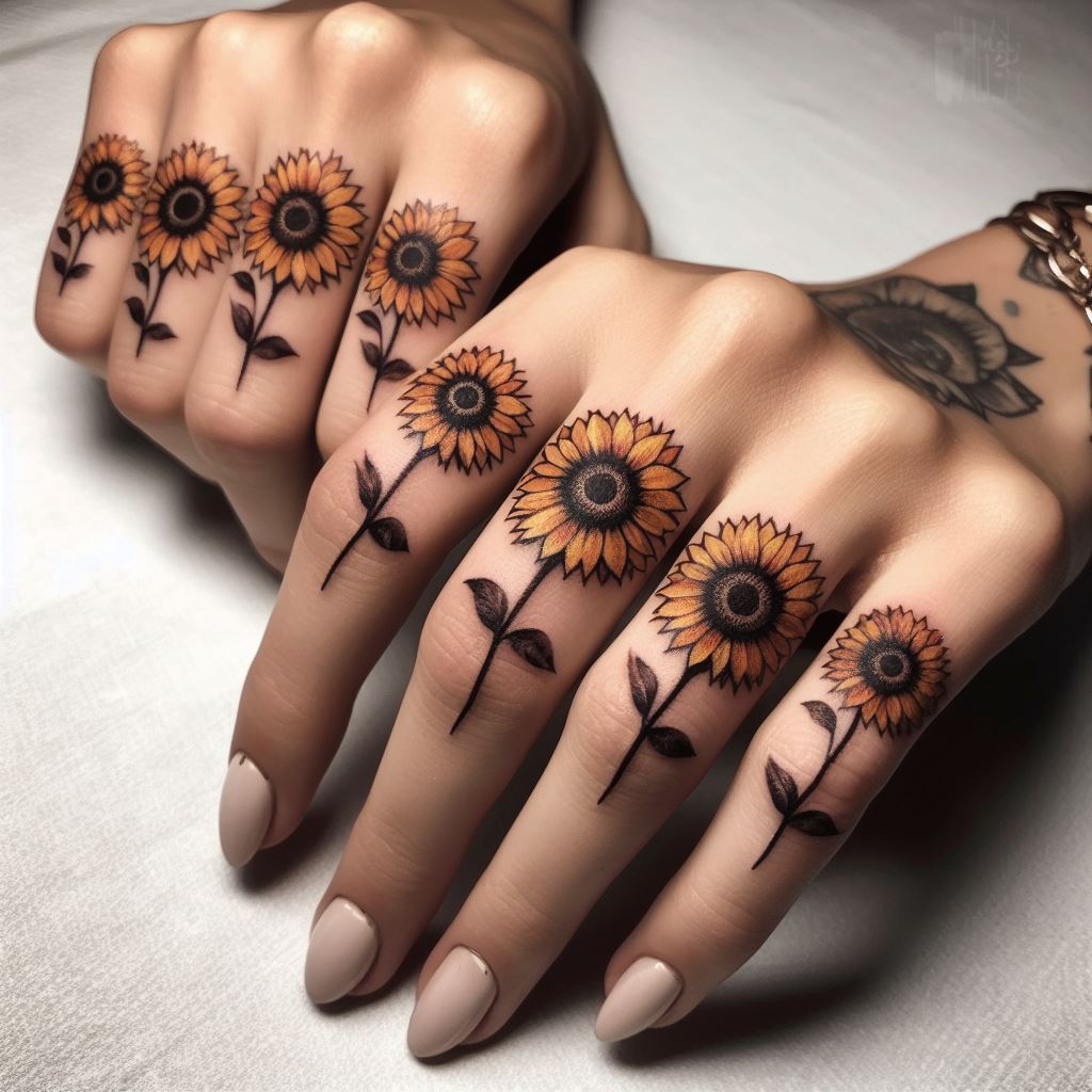 A series of small sunflower tattoos, each fitting on a knuckle, together forming a line of sunflowers across both hands. Each sunflower should be designed with a level of detail that makes it recognizable at a glance, with the petals and centers neatly fitting the small canvas of a knuckle. This tattoo set symbolizes resilience and brightness, spreading a message of positivity with every gesture.
