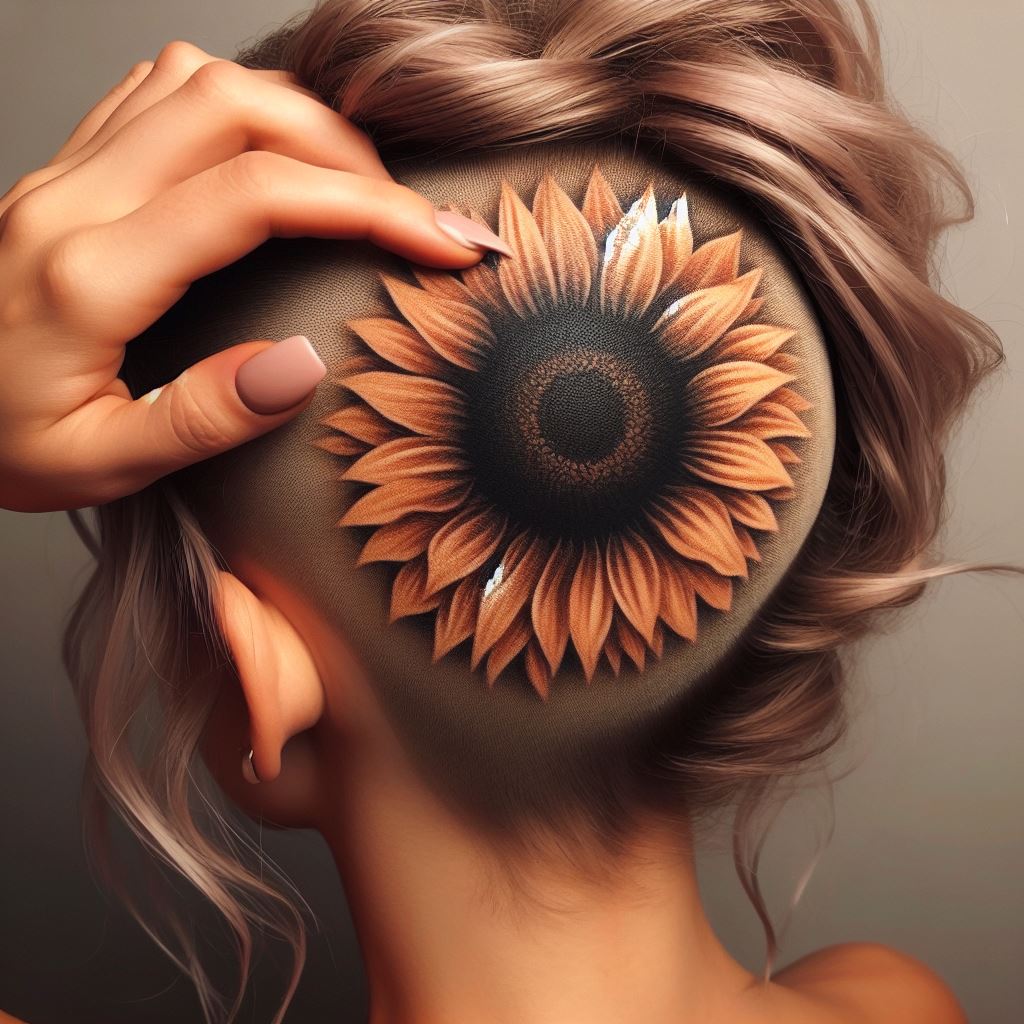 A secret sunflower tattoo located on the scalp, hidden beneath the hair for a personal touch that can be revealed at will. This tattoo should be designed with precision, considering the unique texture and contours of the scalp. The sunflower, when exposed, offers a surprise element of beauty and personal expression, a private joy known only to the wearer and chosen observers.