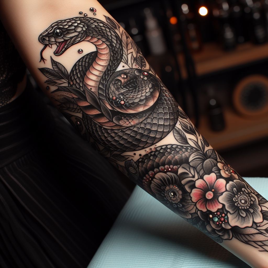 A snake tattoo that wraps around a woman's arm, detailed with scales and possibly incorporating elements like flowers or jewels, symbolizing transformation and healing.