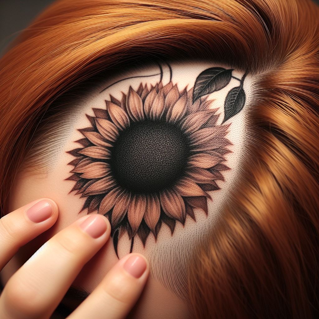 A secret sunflower tattoo located on the scalp, hidden beneath the hair for a personal touch that can be revealed at will. This tattoo should be designed with precision, considering the unique texture and contours of the scalp. The sunflower, when exposed, offers a surprise element of beauty and personal expression, a private joy known only to the wearer and chosen observers.