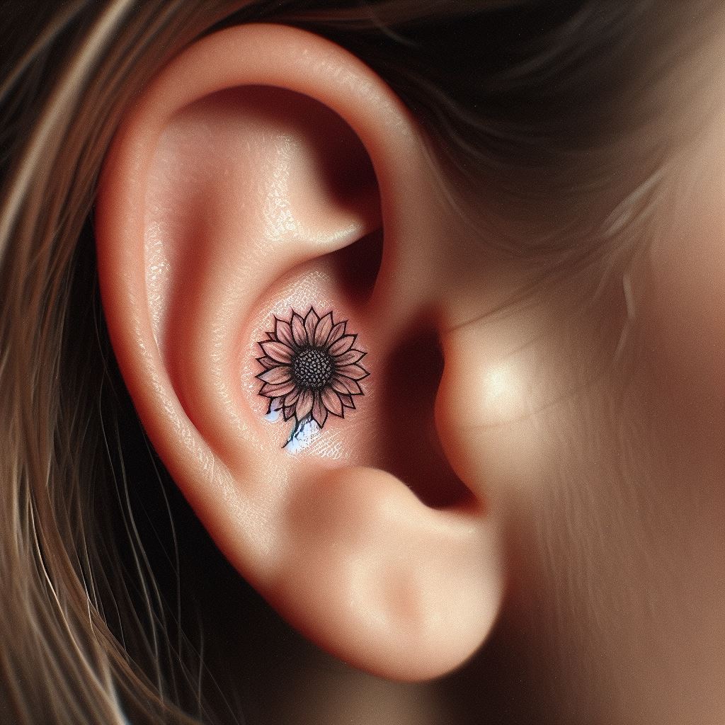 A tiny, delicate sunflower tattoo that adorns the earlobe, offering an alternative to traditional earrings. The design should capture the essence of a sunflower in a very small scale, with clear, concise lines and minimal color to ensure the flower is recognizable. This tattoo adds a permanent accessory of nature and beauty, subtly enhancing the wearer's features.