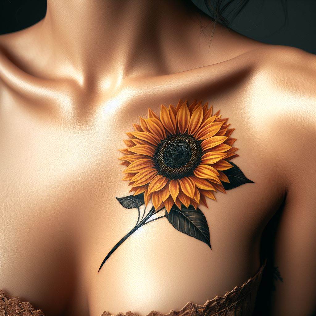 A radiant sunflower tattoo positioned just above the heart on the upper chest, close to the collarbone. This design should feature a single, large sunflower with detailed, bright yellow petals and a deep, textured center, symbolizing warmth and happiness. The sunflower's stem should gently curve, aligning with the natural lines of the collarbone, and possibly include a few small leaves to enhance its natural beauty. This placement makes the tattoo both visible and intimate, a perfect blend of personal significance and aesthetic appeal.