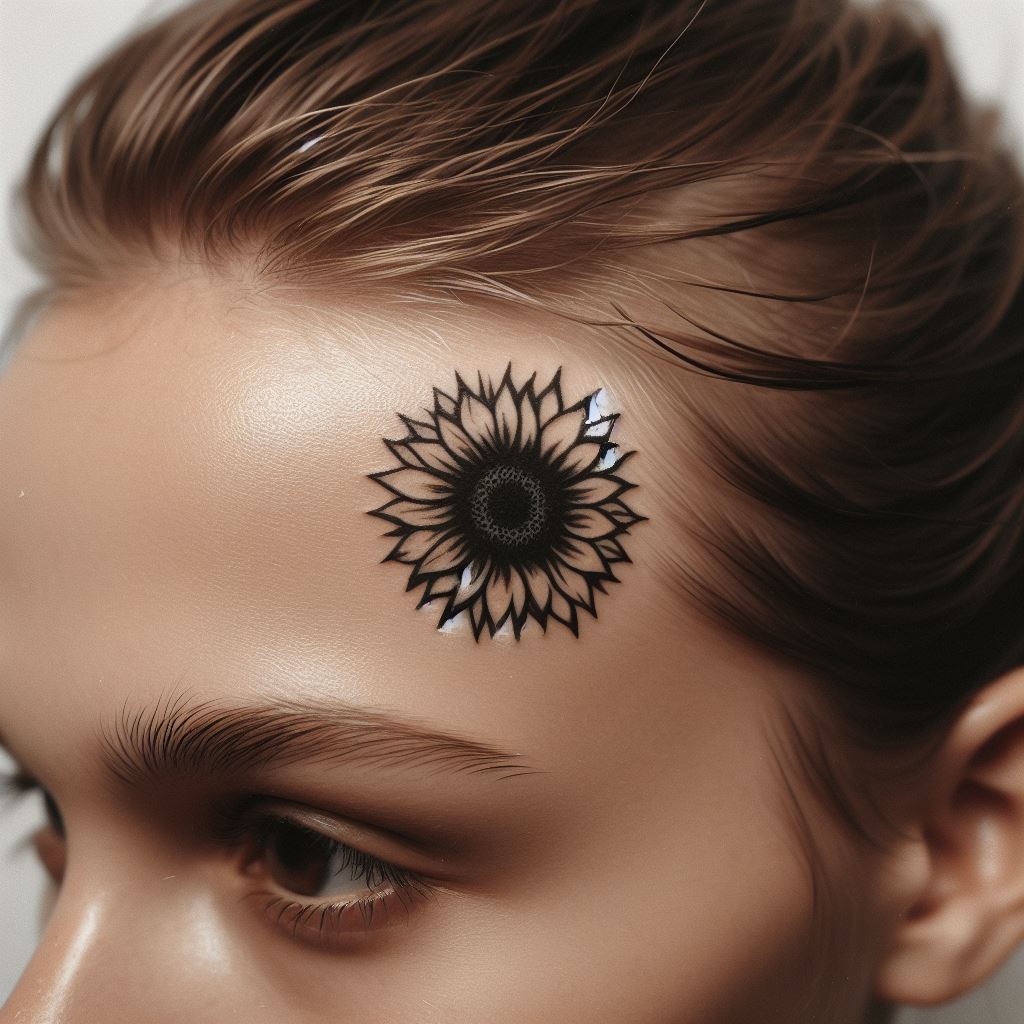 A small, yet bold sunflower tattoo inked on the side of the forehead, just above the hairline. This unconventional placement speaks volumes about the wearer's creativity and love for nature. The design should be simplistic but striking, focusing on the silhouette of the sunflower, with minimalistic detailing to ensure clarity and visibility. It's a statement piece that combines the symbolism of the sunflower with a fearless expression of individuality.