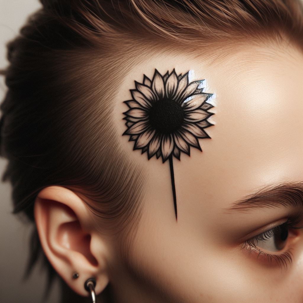 A small, yet bold sunflower tattoo inked on the side of the forehead, just above the hairline. This unconventional placement speaks volumes about the wearer's creativity and love for nature. The design should be simplistic but striking, focusing on the silhouette of the sunflower, with minimalistic detailing to ensure clarity and visibility. It's a statement piece that combines the symbolism of the sunflower with a fearless expression of individuality.