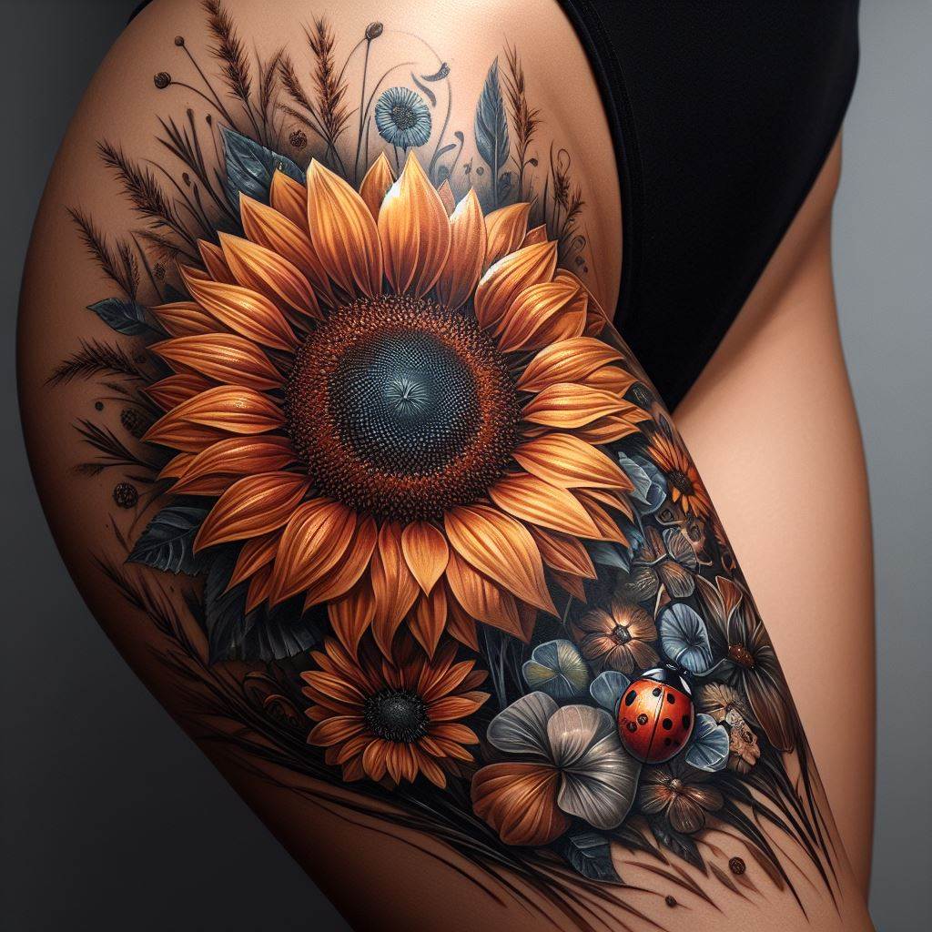 An expansive and lively sunflower tattoo that adorns the outer thigh, offering a large canvas for an intricate and detailed design. The main focus should be a robust sunflower in full bloom, its petals open wide and center richly textured to capture the flower's natural beauty. Surrounding the sunflower, incorporate elements of a meadow, such as smaller flowers, grasses, and perhaps a ladybug or bee, to create a vibrant, nature-inspired scene. This placement allows for a bold expression of love for nature, with the tattoo acting as a wearable piece of art.
