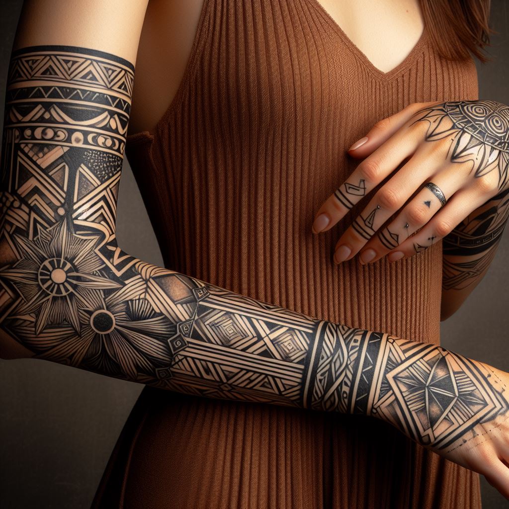 An Art Deco-inspired band tattoo wrapping around a woman's forearm, featuring geometric shapes and symmetrical designs, symbolizing sophistication and the allure of the roaring twenties.