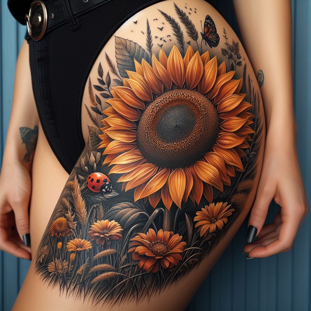 An expansive and lively sunflower tattoo that adorns the outer thigh, offering a large canvas for an intricate and detailed design. The main focus should be a robust sunflower in full bloom, its petals open wide and center richly textured to capture the flower's natural beauty. Surrounding the sunflower, incorporate elements of a meadow, such as smaller flowers, grasses, and perhaps a ladybug or bee, to create a vibrant, nature-inspired scene. This placement allows for a bold expression of love for nature, with the tattoo acting as a wearable piece of art.