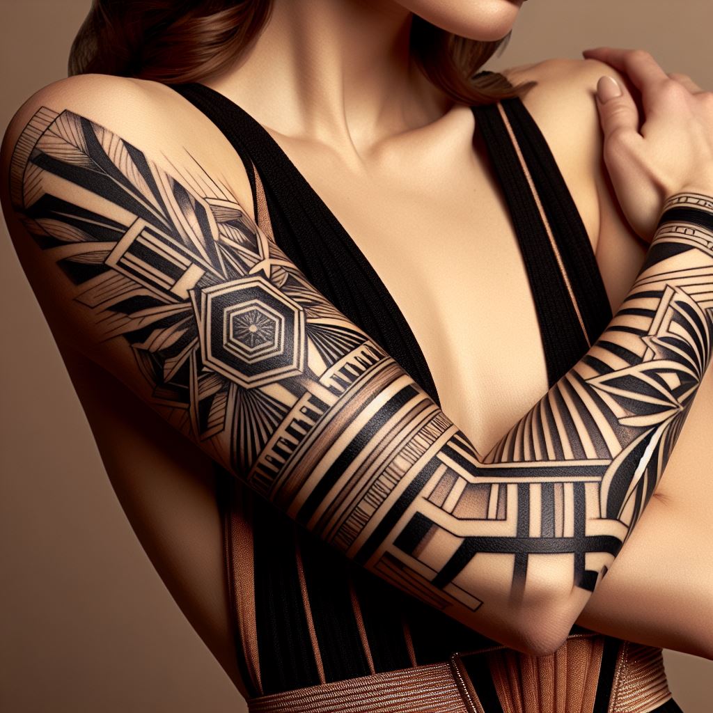 An Art Deco-inspired band tattoo wrapping around a woman's forearm, featuring geometric shapes and symmetrical designs, symbolizing sophistication and the allure of the roaring twenties.