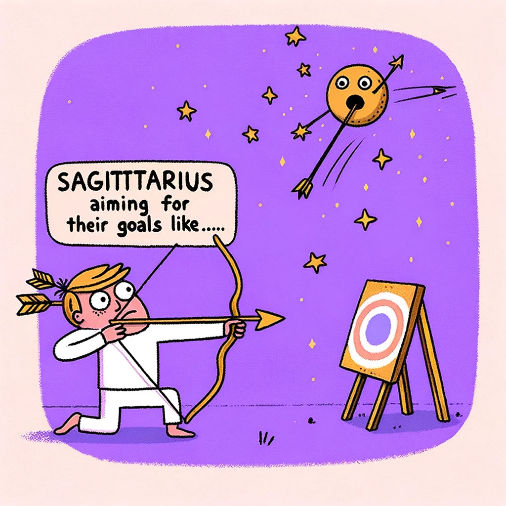 A humorous image of a Sagittarius sign throwing an arrow towards a target, missing it entirely, with a caption that says, "Sagittarius aiming for their goals like..."