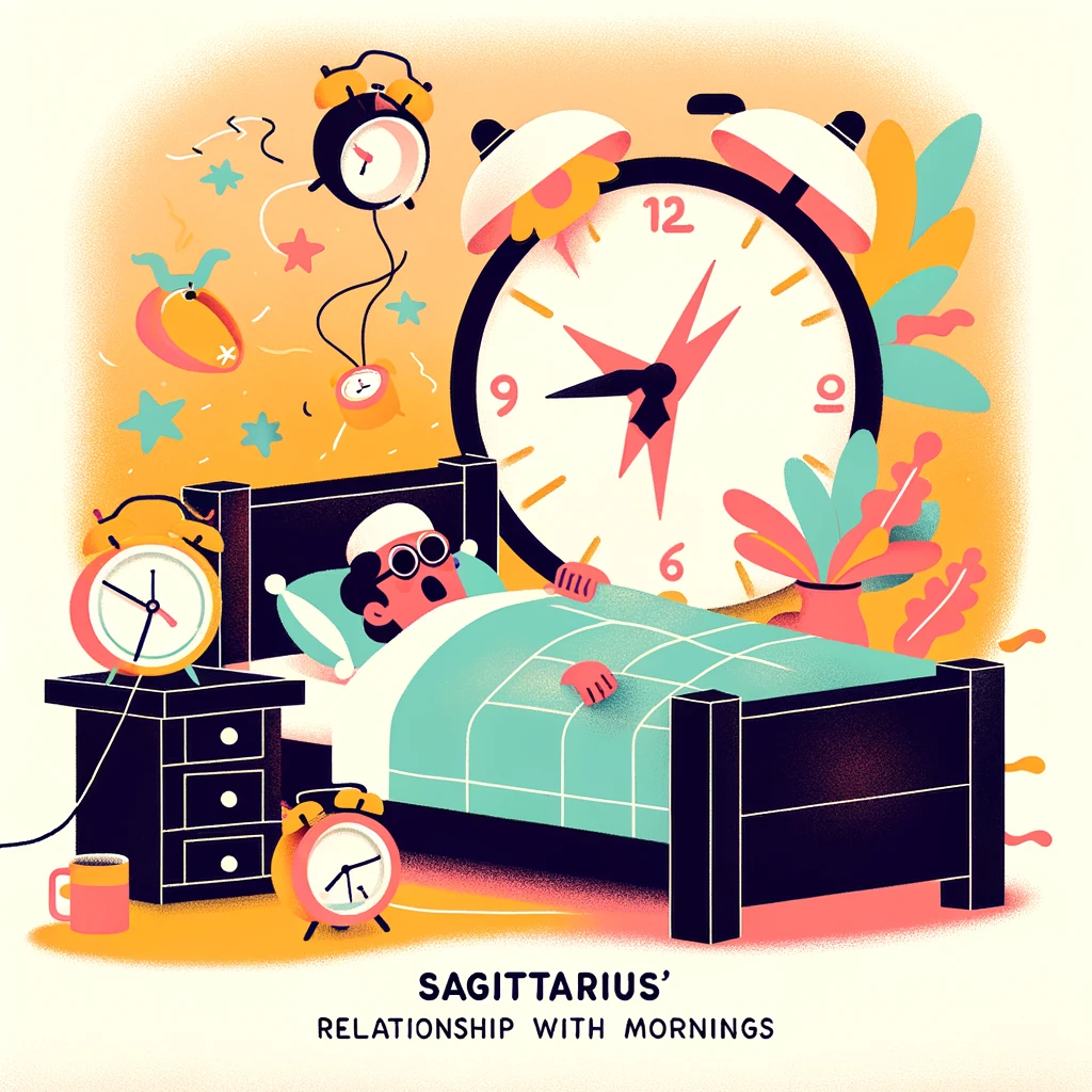 An image showing a Sagittarius sign in bed with alarm clocks ringing around it, and a caption that says, "Sagittarius' relationship with mornings."