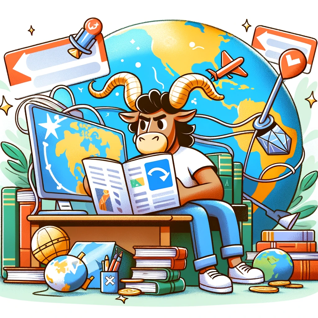 A cartoon of a Sagittarius sign scrolling through travel websites, surrounded by travel books and a globe, with a caption that reads, "Sagittarius planning their next adventure."