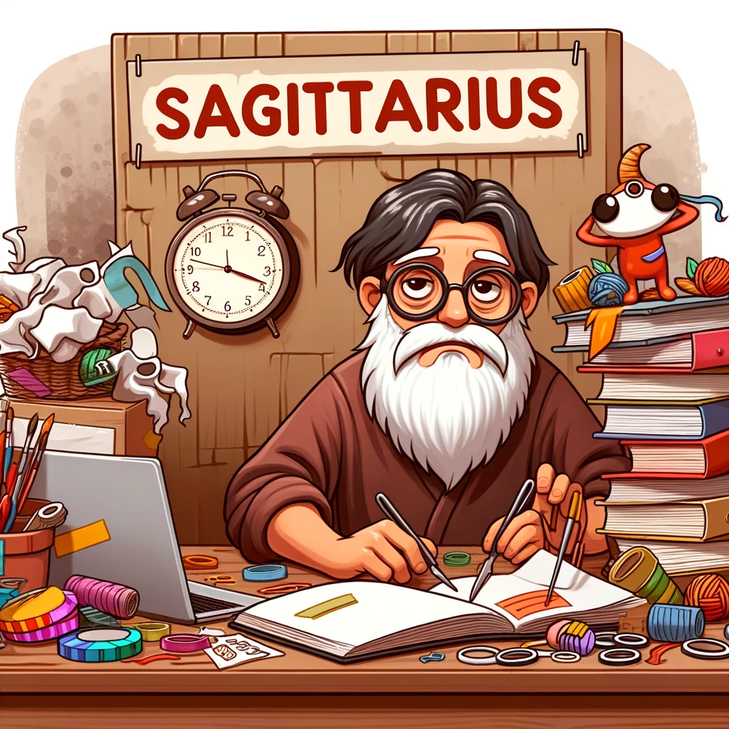 An image of a Sagittarius sign sitting at a desk covered with half-finished projects, looking overwhelmed, with a caption that reads, "Sagittarius and their many hobbies."