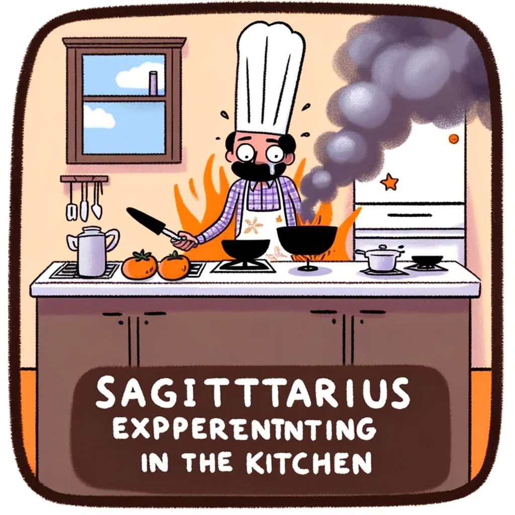 A funny image of a Sagittarius sign trying to cook but ending up with a kitchen full of smoke, with a caption that says, "Sagittarius experimenting in the kitchen."