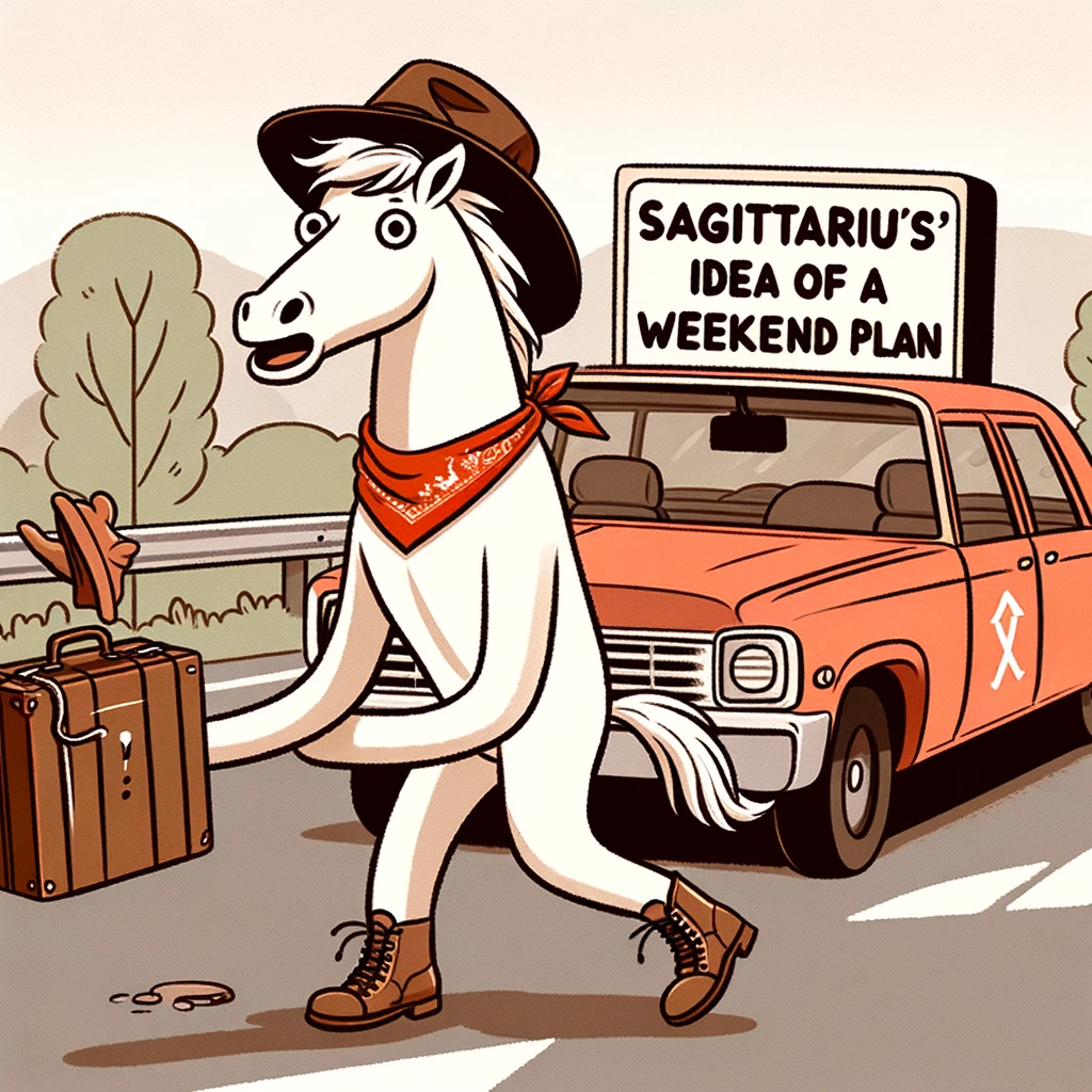 A comical illustration of a Sagittarius sign with suitcases trying to hitchhike to an unknown destination, with a caption, "Sagittarius' idea of a weekend plan."