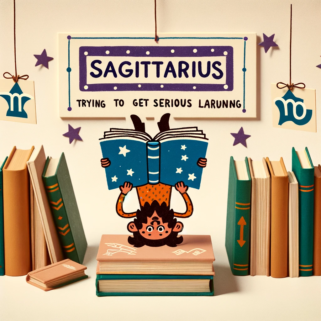 An amusing image of a Sagittarius sign reading a book upside down, surrounded by more books, with a caption that says, "Sagittarius trying to get serious about learning."