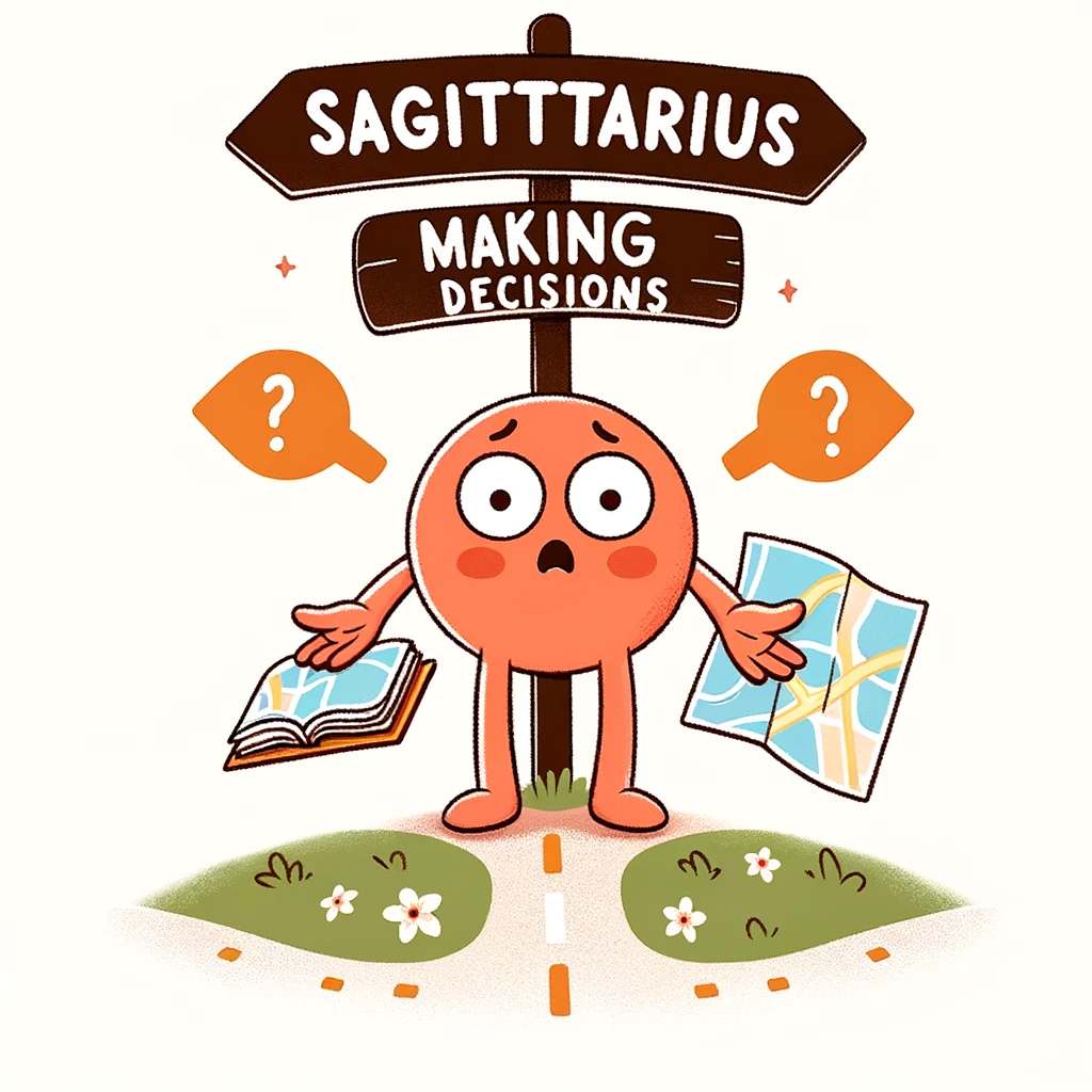 A playful image of a Sagittarius sign with a map and a confused expression, standing at a crossroads, with a caption, "Sagittarius making decisions."