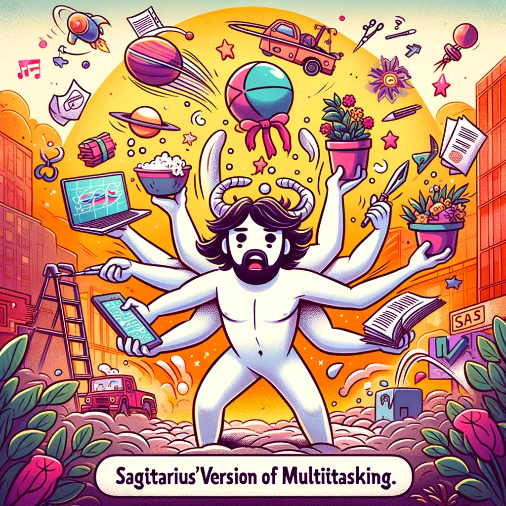 A cartoon image of a Sagittarius sign multitasking with a chaotic background, trying to juggle several activities at once, with a caption that says, "Sagittarius' version of multitasking."