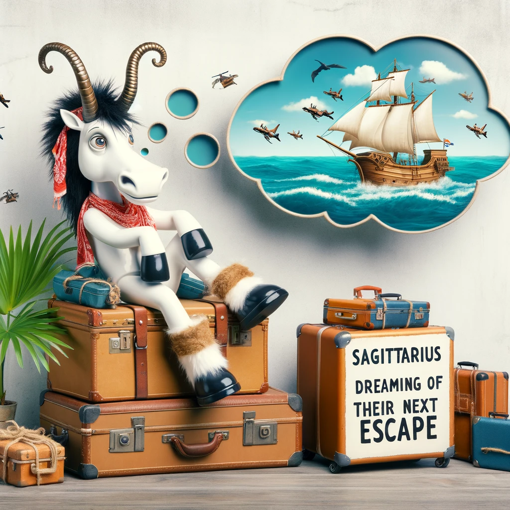 A hilarious image of a Sagittarius sign sitting on a pile of luggage, daydreaming about exotic locations, with a caption, "Sagittarius dreaming of their next escape."